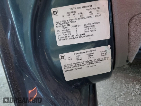 1996 Chevrolet Caprice 1SA Special Value с VIN 1G1BL52W3TR156086, выставлен на аукционе Copart как лот 82681974 с пробегом 179 179 миль миль и Списание • Salvage title. История ставок и продаж доступна на DreamBid. Изображение 12.