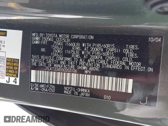 2005 Scion xB z VIN JTLKT334550203106, wystawiony jako IAAI lot #42281474 z przebiegiem 172 467 mil mil oraz . Historia ofert i sprzedaży dostępna na DreamBid. Obrazek 9.