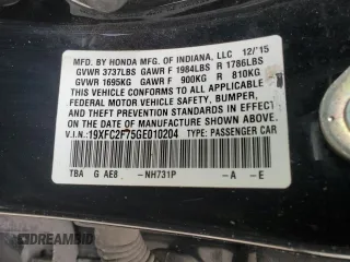 2016 Honda Civic EX with VIN 19XFC2F75GE010204, listed as a Copart auction lot 50986685 with 114,866 mi miles and Salvage Title. Bid and sale history available at DreamBid. Image 14.