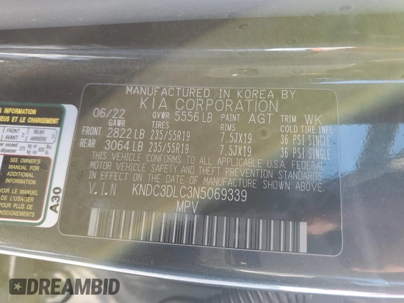 2022 Kia EV6 Wind with VIN KNDC3DLC3N5069339, listed as a Copart auction lot 74830034 with 50,147 mi miles and Salvage Title. Bid and sale history available at carsss.com. Image 13.