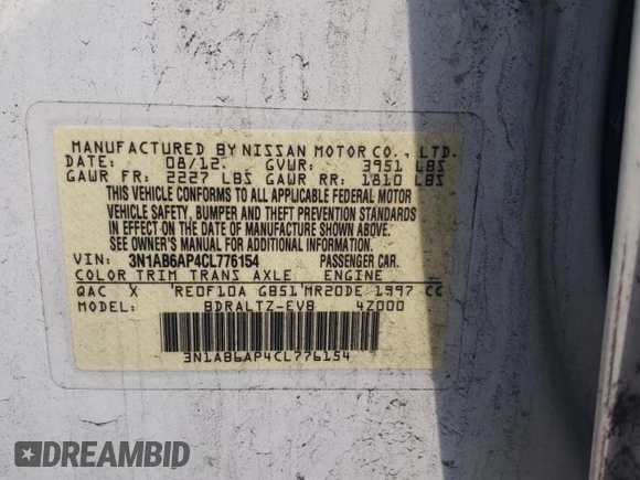 2012 Nissan Sentra SR with VIN 3N1AB6AP4CL776154, listed as a Copart auction lot 59422495 with Not provided miles and Salvage title. Bid and sale history available at DreamBid. Image 12.
