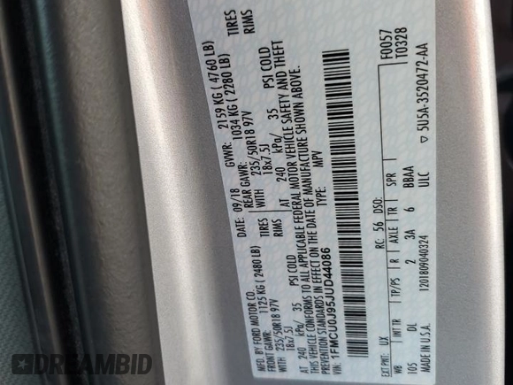 2018 Ford Escape Titanium z VIN 1FMCU0J95JUD44086, wystawiony jako Copart lot #58978865 z przebiegiem 90 874 mil mil oraz Szkoda całkowita • Salvage title. Historia ofert i sprzedaży dostępna na DreamBid. Obrazek 13.