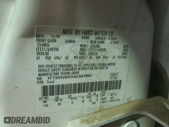 2010 Ford F-250 XL with VIN 1FTSW2BR3AEA67890, listed as a Copart auction lot 55659875 with 226,139 mi miles and Salvage title. Bid and sale history available at DreamBid. Image 12.