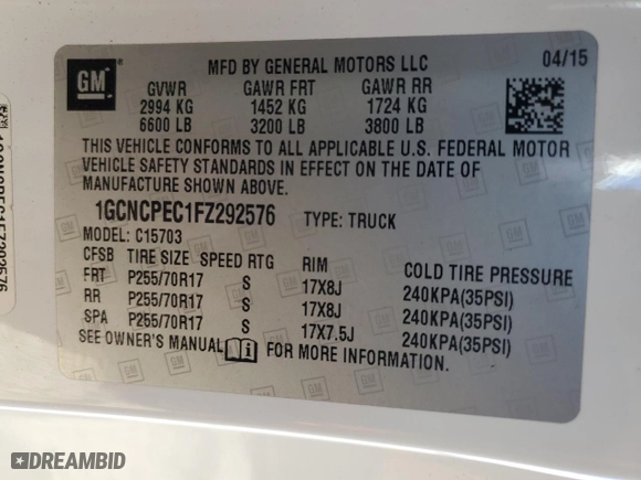 2015 Chevrolet Silverado 1500 Work Truck with VIN 1GCNCPEC1FZ292576, listed as a Copart auction lot 45356185 with 225,002 mi miles and Salvage Title. Bid and sale history available at carsss.com. Image 12.