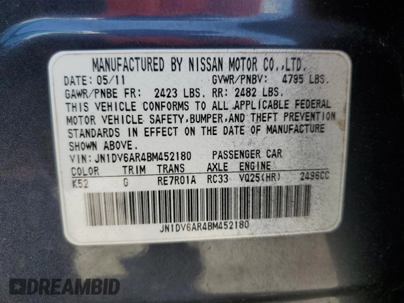 2011 Infiniti G25 x с VIN JN1DV6AR4BM452180, выставлен на аукционе Copart как лот 56844815 с пробегом 133 040 миль миль и Чистый • Clean title. История ставок и продаж доступна на DreamBid. Изображение 12.