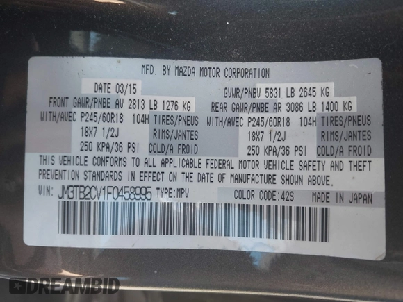 2015 Mazda CX-9 Touring z VIN JM3TB2CV1F0458995, wystawiony jako IAAI lot #42523344 z przebiegiem 130 763 mil mil oraz . Historia ofert i sprzedaży dostępna na DreamBid. Obrazek 9.