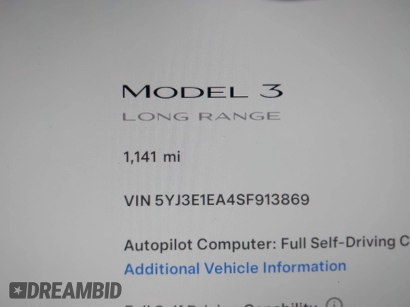 2025 Tesla Model 3 Long Range with VIN 5YJ3E1EA4SF913869, listed as a IAAI auction lot 41416608 with 1,141 mi miles and . Bid and sale history available at DreamBid. Image 15.