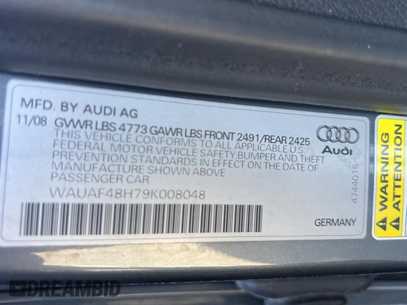 2009 Audi A4 2.0T with VIN WAUAF48H79K008048, listed as a Copart auction lot 47303905 with 92,525 mi miles and Clean title. Bid and sale history available at DreamBid. Image 10.