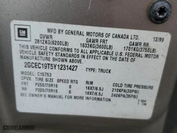 2000 Chevrolet Silverado 1500 LS with VIN 2GCEC19T5Y1231427, listed as a Copart auction lot 50862895 with 0 mi miles and Salvage Title. Bid and sale history available at carsss.com. Image 12.