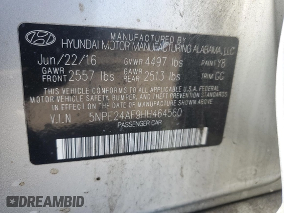 2017 Hyundai Sonata SE with VIN 5NPE24AF9HH464560, listed as a Copart auction lot 47408395 with 114,878 mi miles and Salvage Title. Bid and sale history available at DreamBid. Image 14.