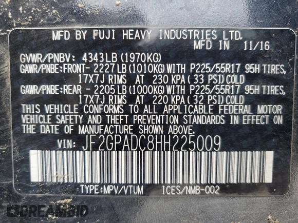 2017 Subaru Crosstrek Premium with VIN JF2GPADC8HH225009, listed as a Copart auction lot 52536895 with 131,818 mi miles and Clean title. Bid and sale history available at DreamBid. Image 13.