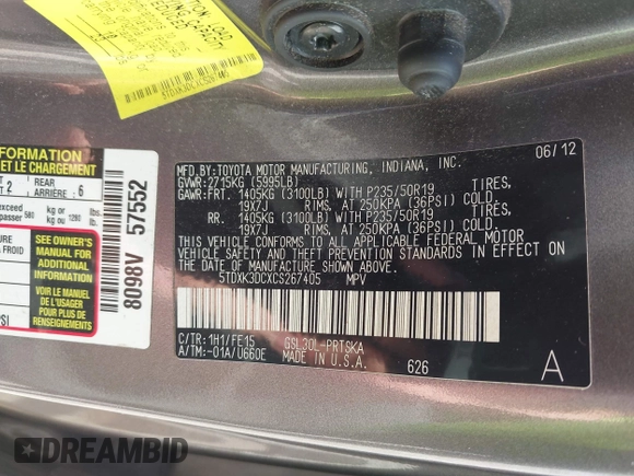 2012 Toyota Sienna SE with VIN 5TDXK3DCXCS267405, listed as a IAAI auction lot 42401101 with 134,553 mi miles and . Bid and sale history available at DreamBid. Image 9.