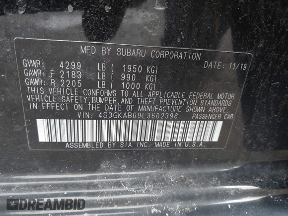 2020 Subaru Impreza with VIN 4S3GKAB69L3602396, listed as a IAAI auction lot 41621494 with 63,952 mi miles and . Bid and sale history available at DreamBid. Image 9.