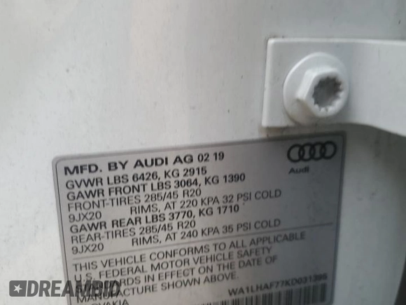 2019 Audi Q7 Premium Plus with VIN WA1LHAF77KD031395, listed as a Copart auction lot 60893815 with 47,008 mi miles and Salvage title. Bid and sale history available at DreamBid. Image 14.