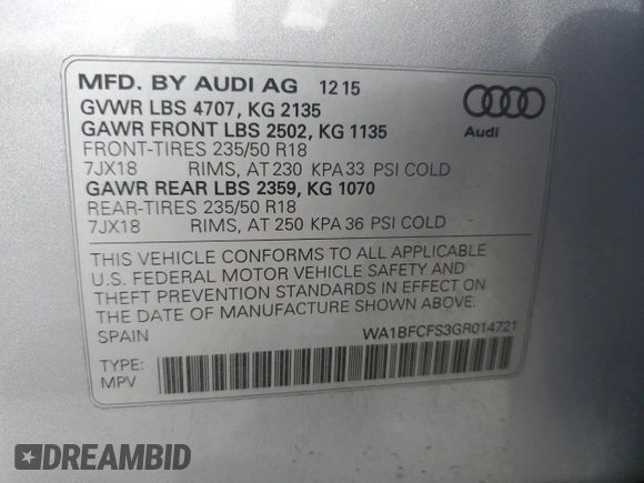 2016 Audi Q3 Premium Plus z VIN WA1BFCFS3GR014721, wystawiony jako Copart lot #57856825 z przebiegiem 76 679 mil mil oraz Szkoda całkowita • Salvage title. Historia ofert i sprzedaży dostępna na DreamBid. Obrazek 13.
