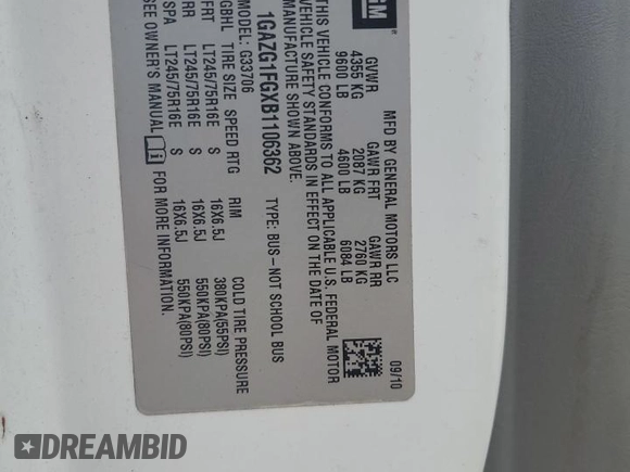 2011 Chevrolet Express Passenger 1LT with VIN 1GAZG1FGXB1106362, listed as a Copart auction lot 55584285 with 250,862 mi miles and Salvage title. Bid and sale history available at DreamBid. Image 14.