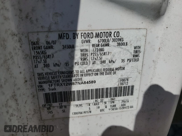 2007 Ford F-150 STX with VIN 1FTRX12W87NA84589, listed as a Copart auction lot 50935215 with Not Provided miles and Non Repairable. Bid and sale history available at DreamBid. Image 12.