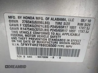 2011 Honda Pilot LX with VIN 5FNYF4H27BB036500, listed as a IAAI auction lot 42537663 with 179,424 mi miles and . Bid and sale history available at DreamBid. Image 9.