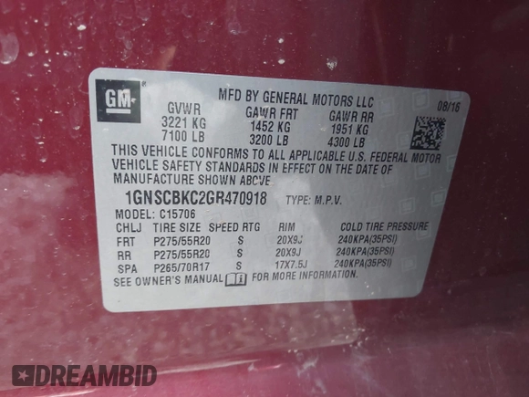 2016 Chevrolet Tahoe LT with VIN 1GNSCBKC2GR470918, listed as a IAAI auction lot 42054150 with 140,491 mi miles and . Bid and sale history available at DreamBid. Image 9.