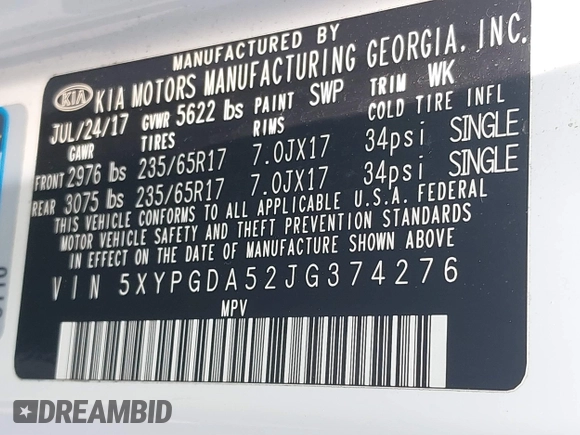 2018 Kia Sorento LX V6 with VIN 5XYPGDA52JG374276, listed as a IAAI auction lot 41825942 with 57,690 mi miles. Bid and sale history available at carsss.com. Image 9.