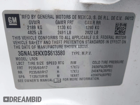 2013 Chevrolet Captiva Sport LT with VIN 3GNAL3EKXDS613580, listed as a IAAI auction lot 42024623 with 81,787 mi miles and . Bid and sale history available at carsss.com. Image 9.