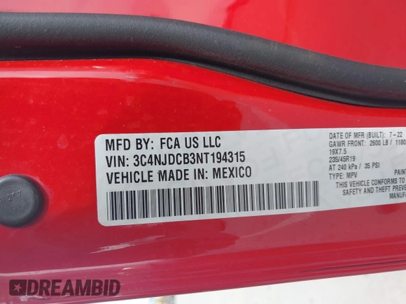 2022 Jeep Compass High Altitude with VIN 3C4NJDCB3NT194315, listed as a IAAI auction lot 41806533 with 15,398 mi miles and . Bid and sale history available at DreamBid. Image 9.