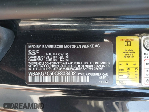 2012 BMW 3 Series 335i with VIN WBAKG7C50CE803402, listed as a IAAI auction lot 41531322 with 111,375 mi miles and . Bid and sale history available at DreamBid. Image 9.