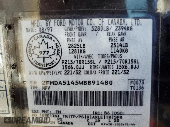 1998 Ford Windstar GL with VIN 2FMDA5145WBB91480, listed as a Copart auction lot 52155155 with 101,104 mi miles and Salvage title. Bid and sale history available at DreamBid. Image 13.