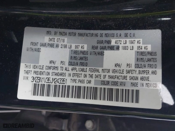 2018 Mazda Mazda3 4-Door Touring with VIN 3MZBN1V35JM243351, listed as a IAAI auction lot 41459525 with 55,765 mi miles. Bid and sale history available at carsss.com. Image 9.