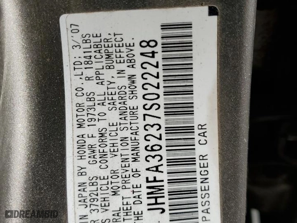 2007 Honda Civic Hybrid with VIN JHMFA36237S022248, listed as a Copart auction lot 48664095 with 162,146 mi miles and Salvage Title. Bid and sale history available at carsss.com. Image 12.