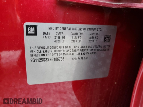 2014 Chevrolet Impala LT z VIN 2G1125S3XE9106786, wystawiony jako Copart lot #57965835 z przebiegiem 128 811 mil mil oraz Szkoda całkowita • Salvage title. Historia ofert i sprzedaży dostępna na DreamBid. Obrazek 12.