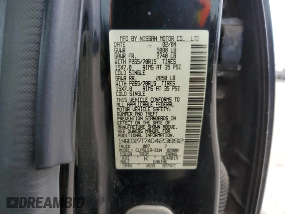 2004 Nissan Frontier XE с VIN 1N6ED27T74C423892, выставлен на аукционе Copart как лот 88106455 с пробегом 142 794 миль миль и Списание • Salvage title. История ставок и продаж доступна на DreamBid. Изображение 12.