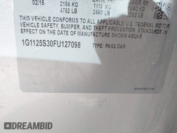 2015 Chevrolet Impala LT with VIN 1G1125S30FU127098, listed as a IAAI auction lot 41827498 with Not Provided miles and . Bid and sale history available at DreamBid. Image 9.