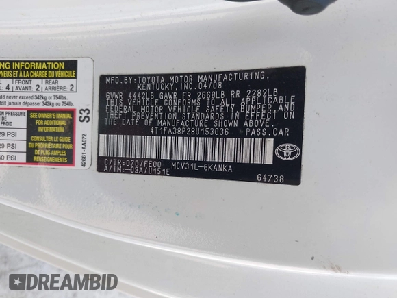 2008 Toyota Solara SE z VIN 4T1FA38P28U153036, wystawiony jako IAAI lot #42468278 z przebiegiem 121 685 mil mil oraz . Historia ofert i sprzedaży dostępna na DreamBid. Obrazek 9.