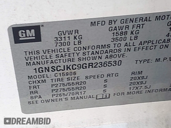 2016 Chevrolet Suburban LTZ with VIN 1GNSCJKC9GR236530, listed as a IAAI auction lot 42387868 with 185,159 mi miles and . Bid and sale history available at DreamBid. Image 9.