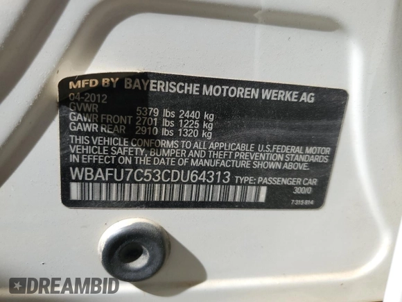 2012 BMW 5 Series 535i xDrive with VIN WBAFU7C53CDU64313, listed as a Copart auction lot 46870845 with Not Provided miles and Salvage Title. Bid and sale history available at DreamBid. Image 12.