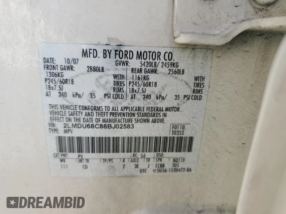 2008 Lincoln MKX with VIN 2LMDU68C88BJ02583, listed as a Copart auction lot 47317575 with 192,958 mi miles and Clean Title. Bid and sale history available at DreamBid. Image 13.