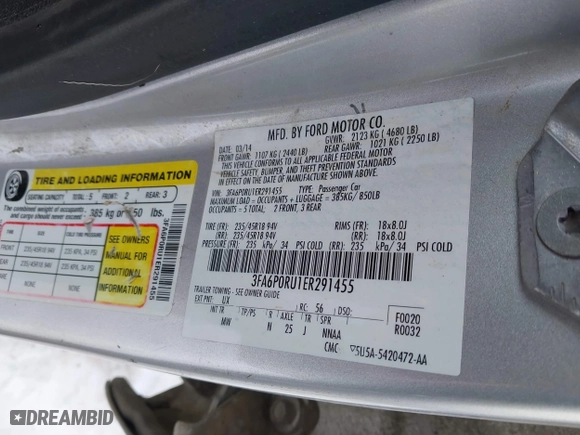 2014 Ford Fusion Titanium Hybrid with VIN 3FA6P0RU1ER291455, listed as a IAAI auction lot 41821152 with 108,408 mi miles. Bid and sale history available at carsss.com. Image 9.