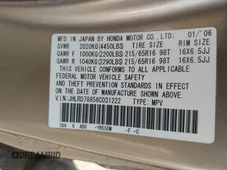 2006 Honda CR-V EX with VIN JHLRD78856C031222, listed as a IAAI auction lot 42118910 with 212,486 mi miles and . Bid and sale history available at carsss.com. Image 9.