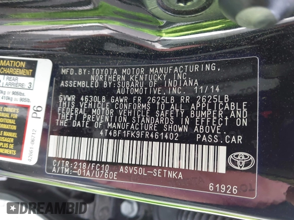 2015 Toyota Camry XLE with VIN 4T4BF1FK9FR461402, listed as a IAAI auction lot 41772628 with 92,795 mi miles and . Bid and sale history available at DreamBid. Image 9.
