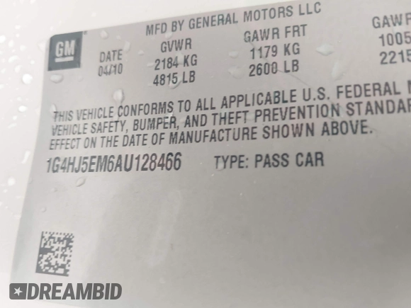 2010 Buick Lucerne CXL Premium with VIN 1G4HJ5EM6AU128466, listed as a IAAI auction lot 42066319 with 143,347 mi miles and . Bid and sale history available at DreamBid. Image 9.