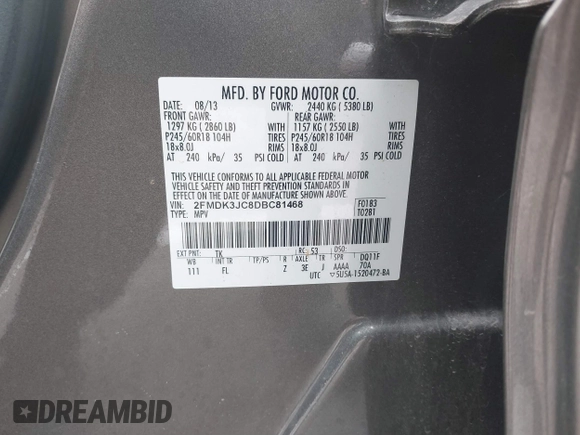 2013 Ford Edge SEL with VIN 2FMDK3JC8DBC81468, listed as a IAAI auction lot 41233506 with 206,107 mi miles. Bid and sale history available at carsss.com. Image 9.
