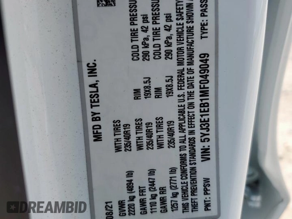 2021 Tesla Model 3 Long Range z VIN 5YJ3E1EB1MF049049, wystawiony jako Copart lot #58432885 z przebiegiem 22 185 mil mil oraz Szkoda całkowita • Salvage title. Historia ofert i sprzedaży dostępna na DreamBid. Obrazek 12.