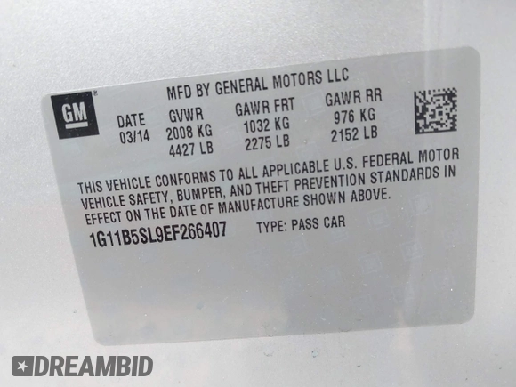 2014 Chevrolet Malibu LS with VIN 1G11B5SL9EF266407, listed as a IAAI auction lot 41519856 with 62,773 mi miles and . Bid and sale history available at DreamBid. Image 9.