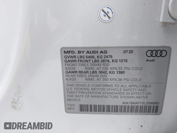 2020 Audi Q5 Premium Plus with VIN WA1BNAFY3L2098991, listed as a IAAI auction lot 42185111 with 94,758 mi miles and . Bid and sale history available at DreamBid. Image 9.