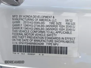 2022 Honda Pilot Touring 7-Passenger с VIN 5FNYF5H66NB034248, выставлен на аукционе IAAI как лот 41777362 с пробегом 26 611 миль миль и . История ставок и продаж доступна на DreamBid. Изображение 9.
