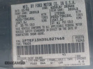 1995 Ford F-150 with VIN 1FTEF15N3SLB27468, listed as a IAAI auction lot 41848685 with 163,044 mi miles. Bid and sale history available at carsss.com. Image 9.