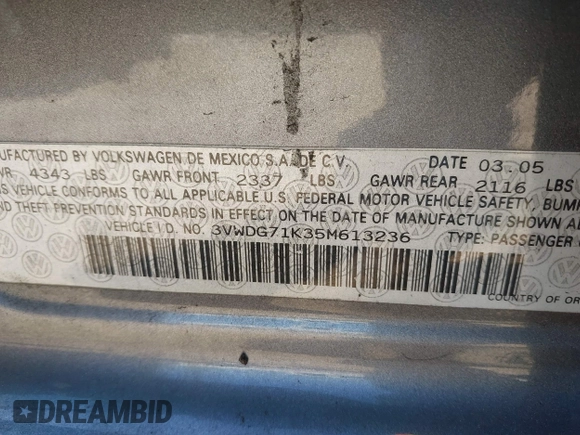 2005 Volkswagen Jetta z VIN 3VWDG71K35M613236, wystawiony jako IAAI lot #41764835 z przebiegiem Nie podano mil oraz . Historia ofert i sprzedaży dostępna na DreamBid. Obrazek 9.