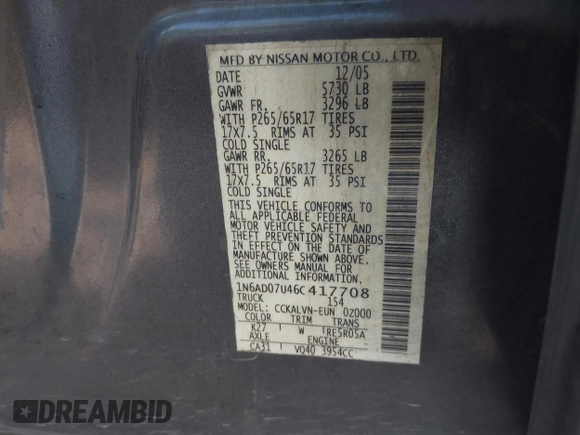 2006 Nissan Frontier SE with VIN 1N6AD07U46C417708, listed as a IAAI auction lot 42419826 with 157,204 mi miles and . Bid and sale history available at DreamBid. Image 9.