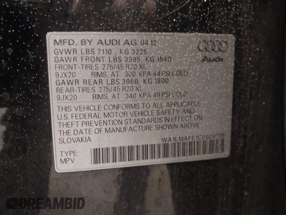 2012 Audi Q7 Premium Plus с VIN WA1LMAFE1CD009775, выставлен на аукционе IAAI как лот 41304315 с пробегом 215 578 миль миль и . История ставок и продаж доступна на DreamBid. Изображение 9.